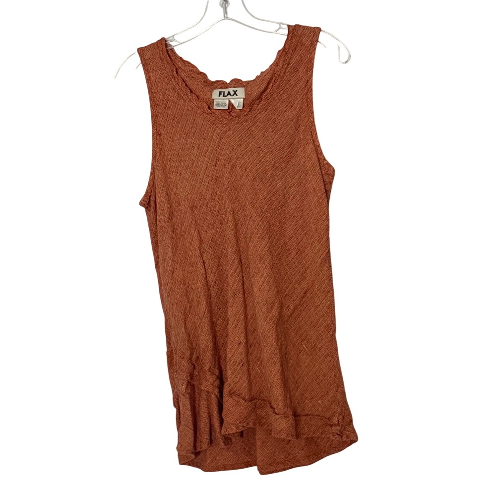 Flax Ruffle Linen Asymmetrical Tank Top Terracotta Orange Layered Hem - Medium